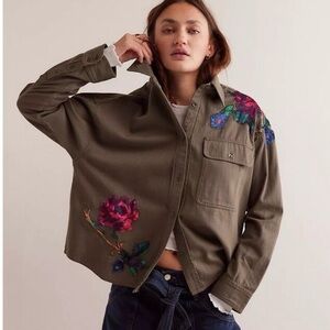 Free People We The Free Velvet Roses Utility Shirt Army Floral NWT L
